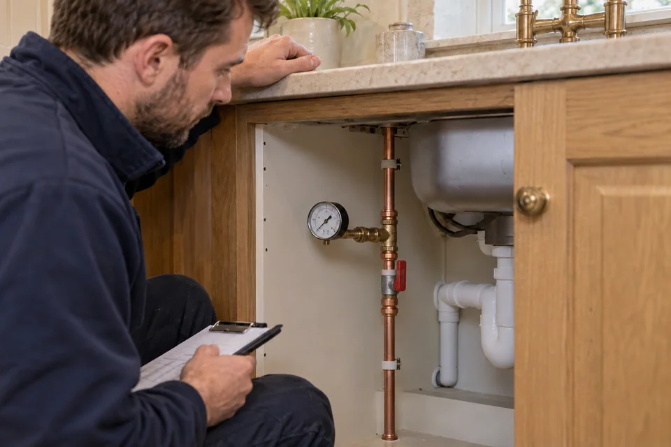 Plumber checking incoming water pressure beneath a kitchen sink