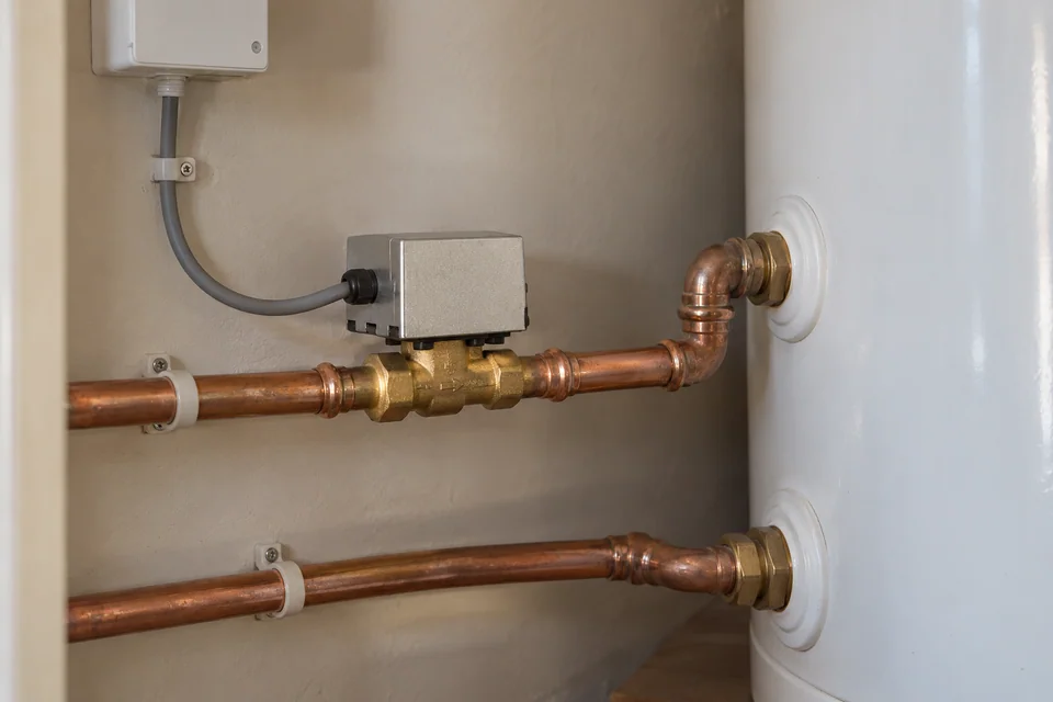 Motorised two-port valve and copper press-fit pipework beside an indirect hot water cylinder