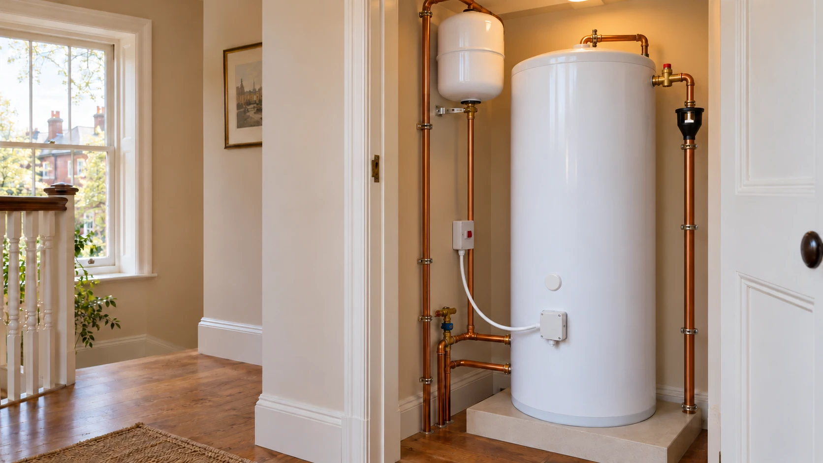 Unvented hot water cylinder with copper pipework and an expansion vessel in a period-style airing cupboard