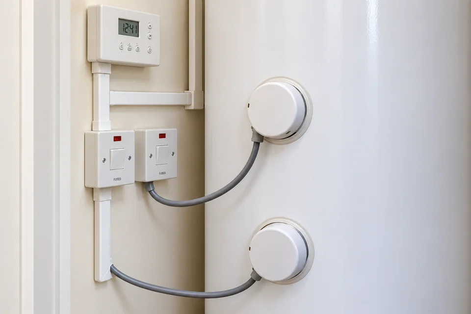 Direct electric hot-water cylinder with wall-mounted immersion controls and enclosed cable routes