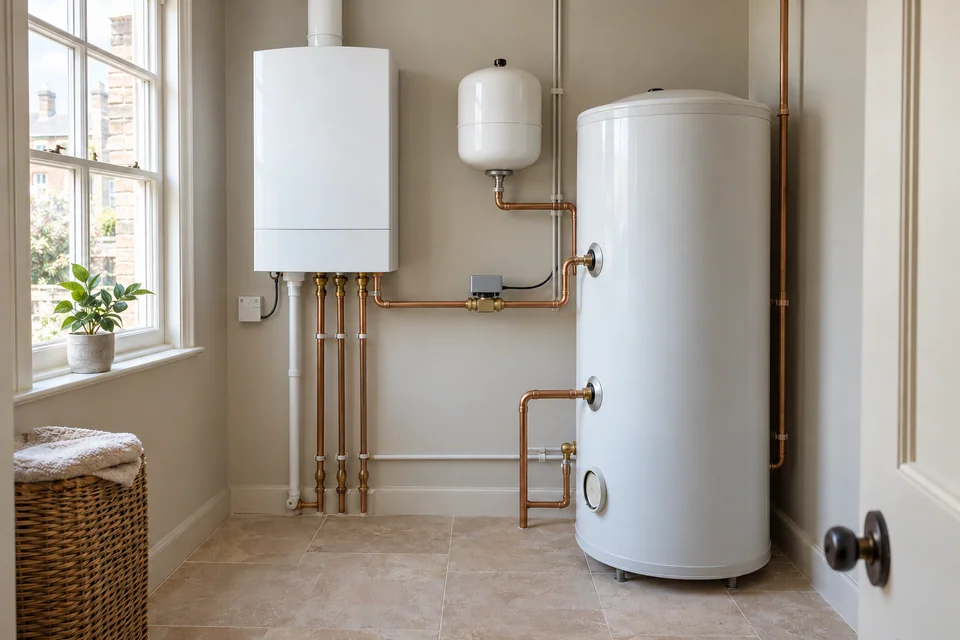 Indirect hot-water cylinder beside a boiler with accessible copper pipework and heating controls