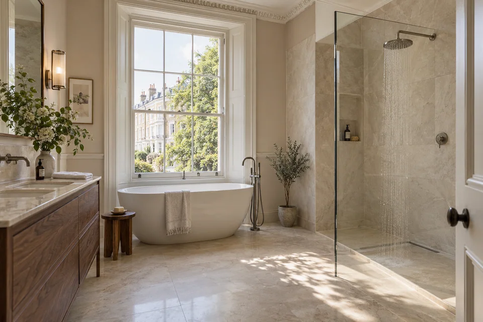 Period-style Kensington bathroom with a walk-in shower, freestanding bath and sash window