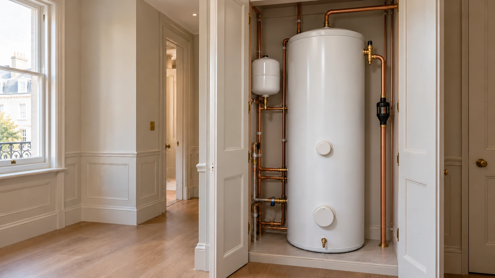 Unvented hot-water cylinder in a panelled service cupboard in a Kensington-style period home