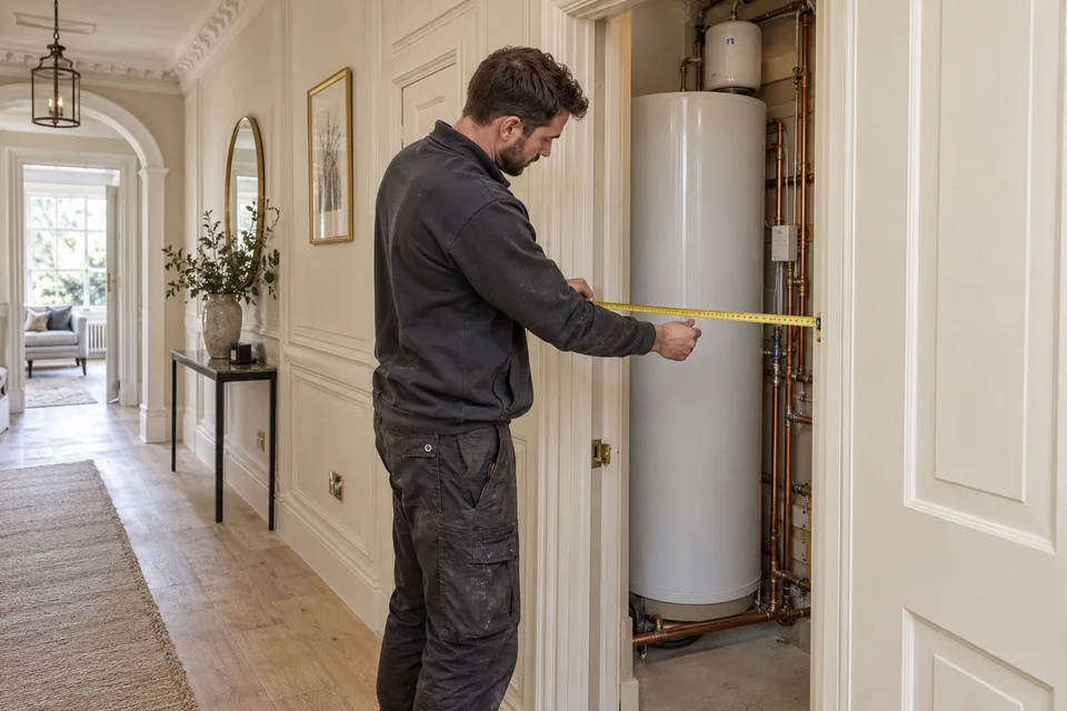 Engineer measuring the clear opening of a hot-water cylinder cupboard in a period home
