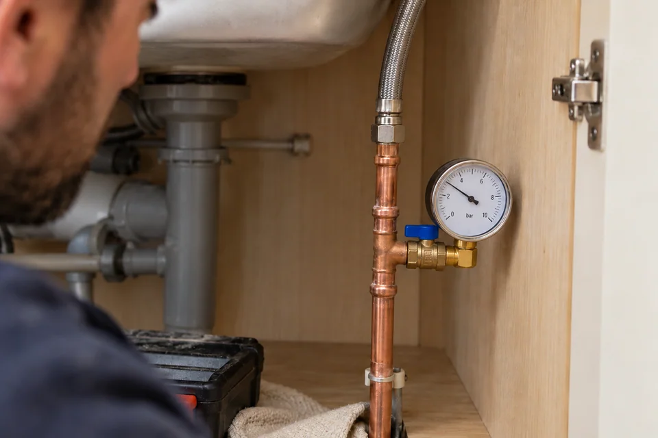 Water pressure test gauge connected to a cold-water service point beneath a kitchen sink