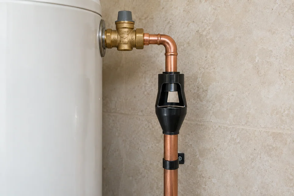 Close view of an unvented cylinder safety valve, open tundish and descending discharge pipe