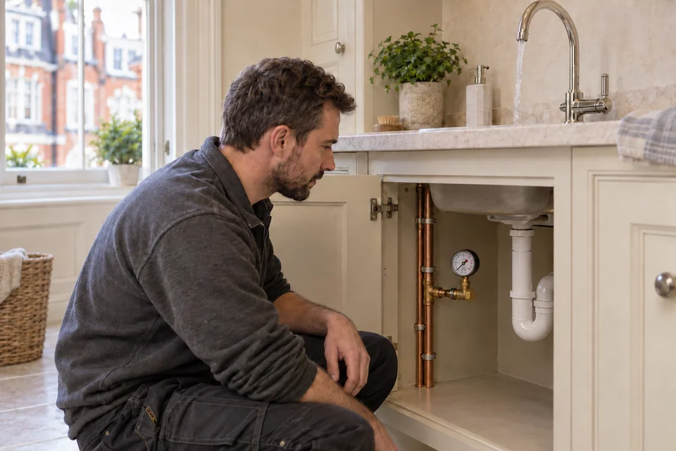 Engineer inspecting a pressure gauge connected to a water supply beneath a running sink tap
