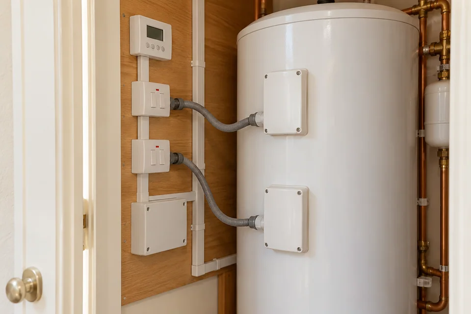 Closed immersion heater covers connected to isolators and a hot-water controller in a service cupboard