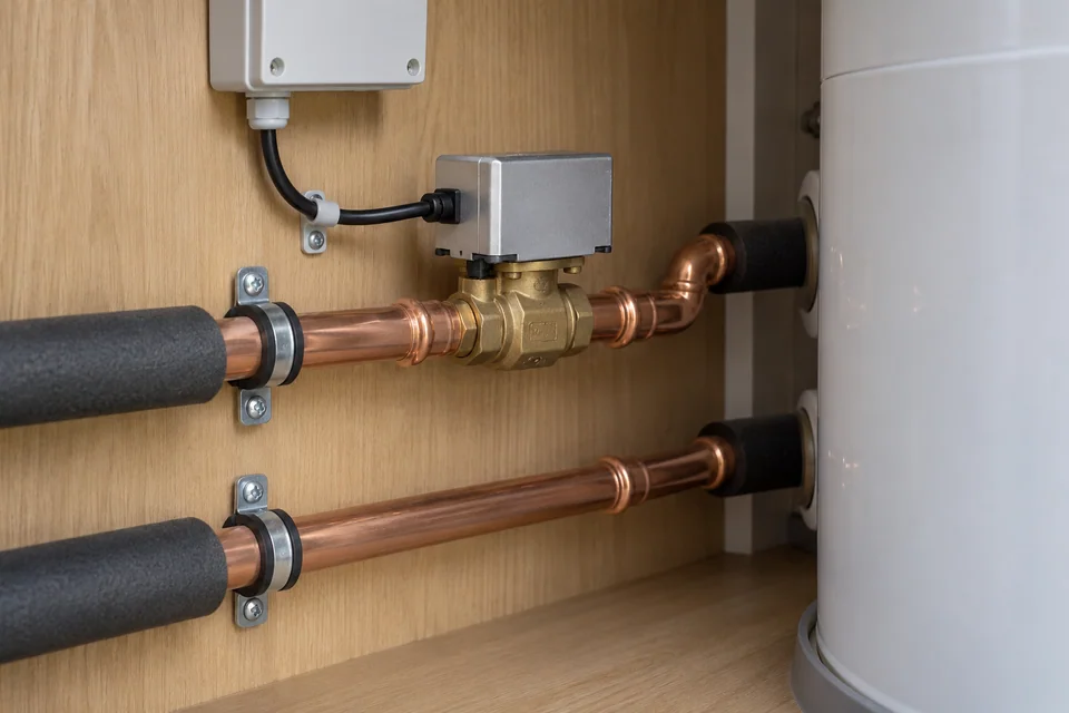 Copper flow and return connections beside a cylinder, with a motorised valve and connected control cable