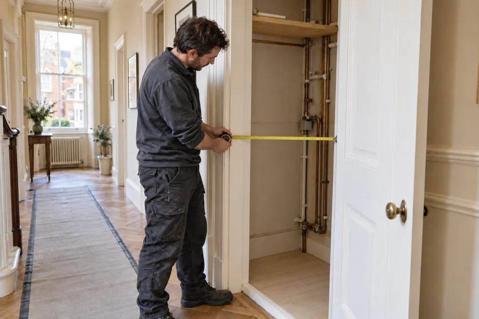 Engineer measuring the opening of an empty service cupboard in a period-style hallway