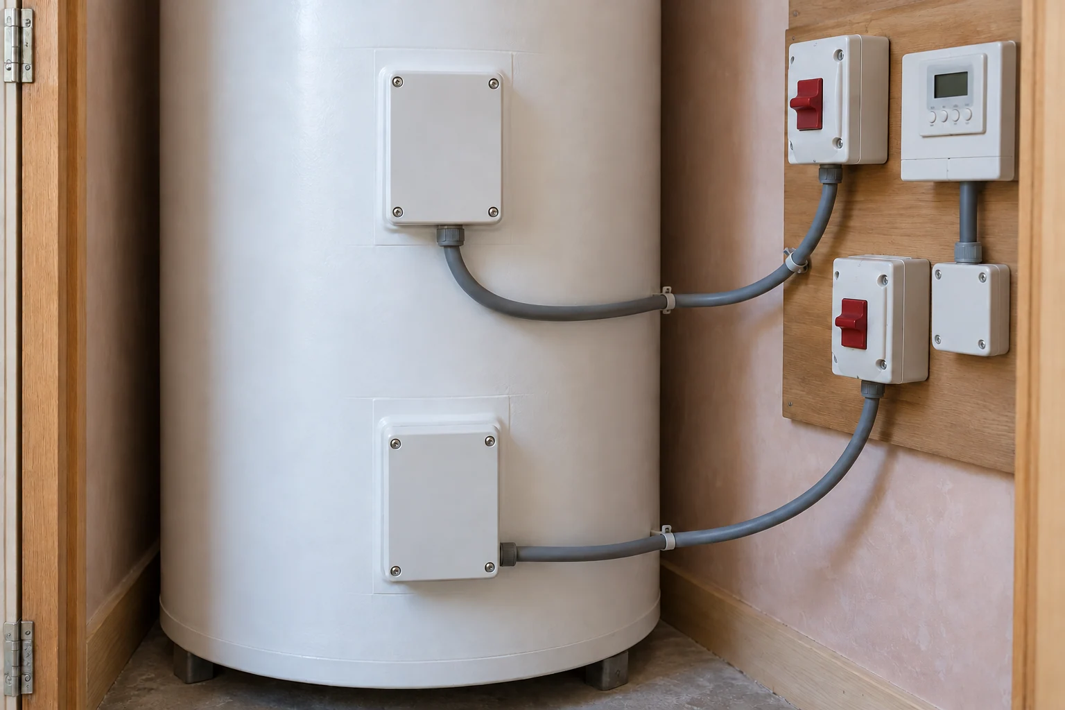 Two closed immersion heater covers with connected electrical isolators on a direct hot water cylinder