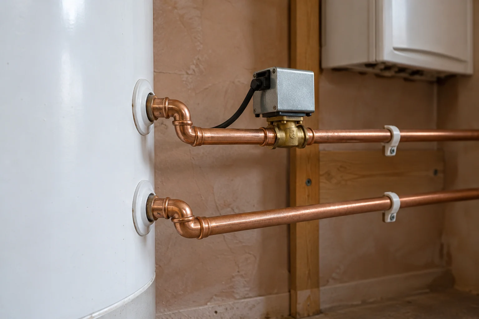 Separate copper flow and return connections to an indirect cylinder coil with a motorised zone valve
