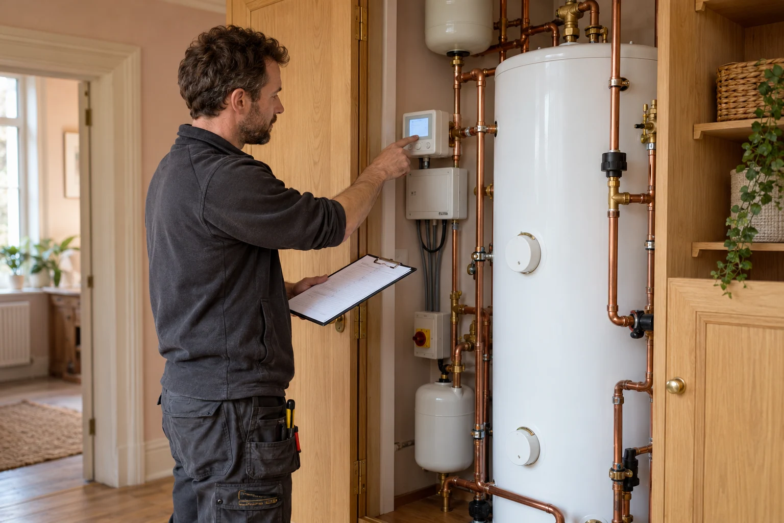 Heating engineer checking the controller beside a completed hot water cylinder installation