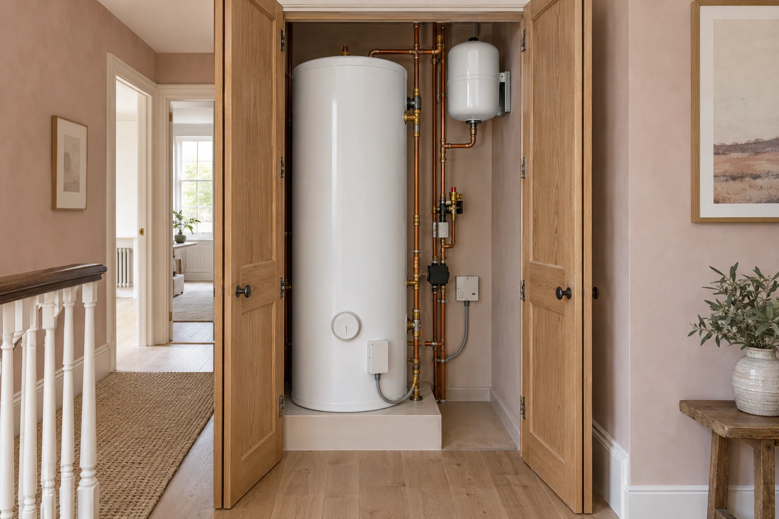 Unvented hot water cylinder in an open oak service cupboard with accessible connections