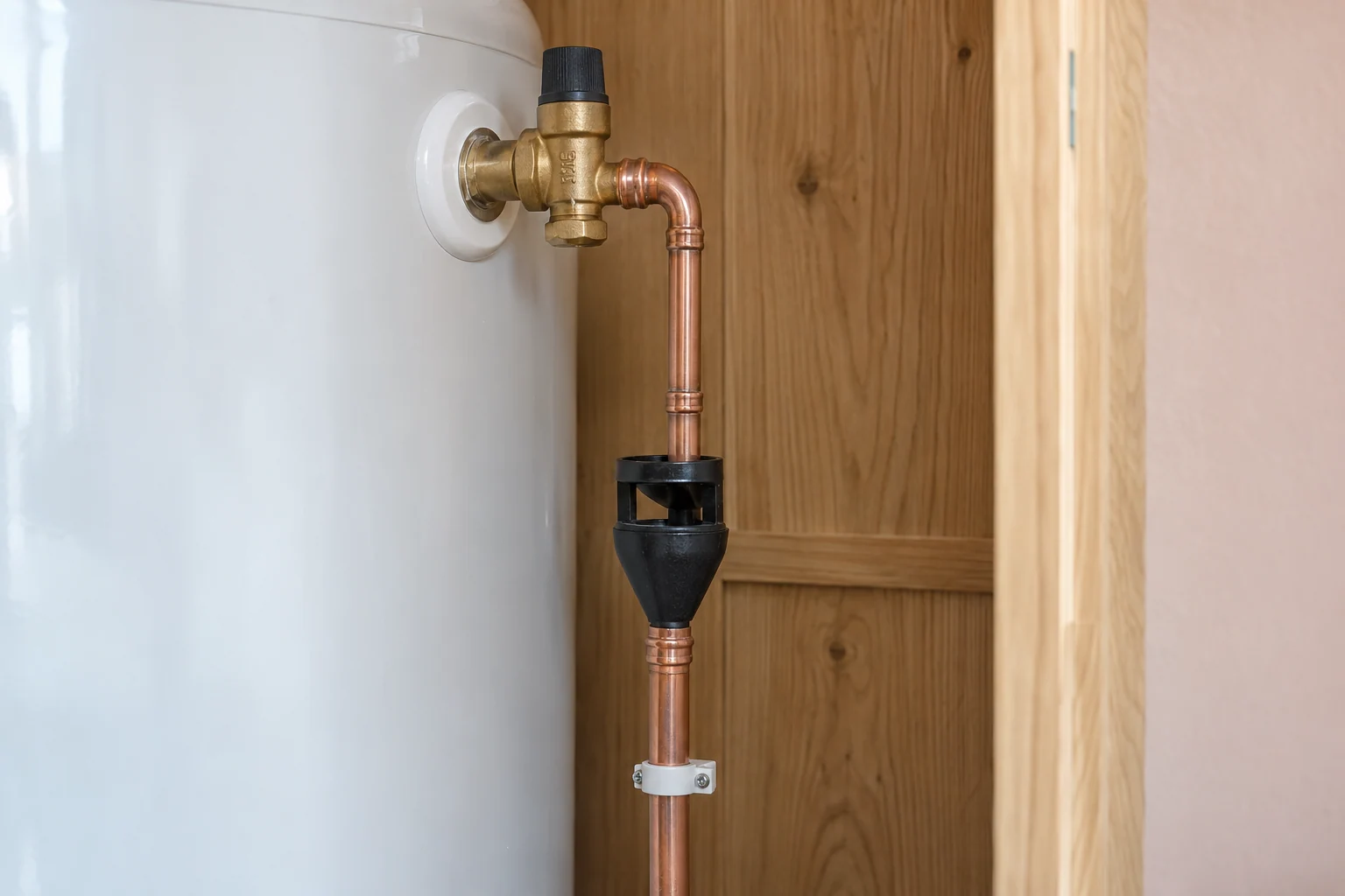 Close-up of a cylinder relief discharge connection and open tundish with a visible air gap