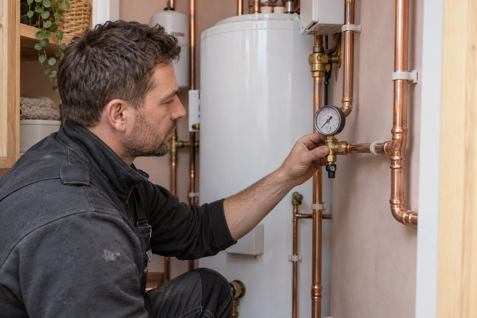 Engineer checking a connected water pressure test gauge on a domestic cold-water supply