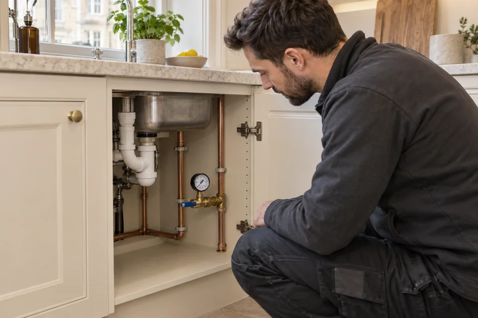 Engineer checking a pressure gauge connected to a cold-water service point beneath a kitchen sink