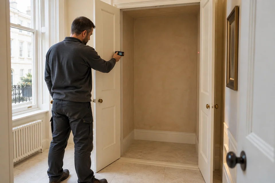 Engineer using a laser distance meter to survey an empty utility cupboard before cylinder installation