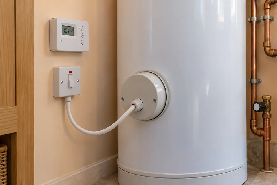 Direct-electric hot-water cylinder with a closed immersion cover, wall-mounted timer and continuous electrical cable