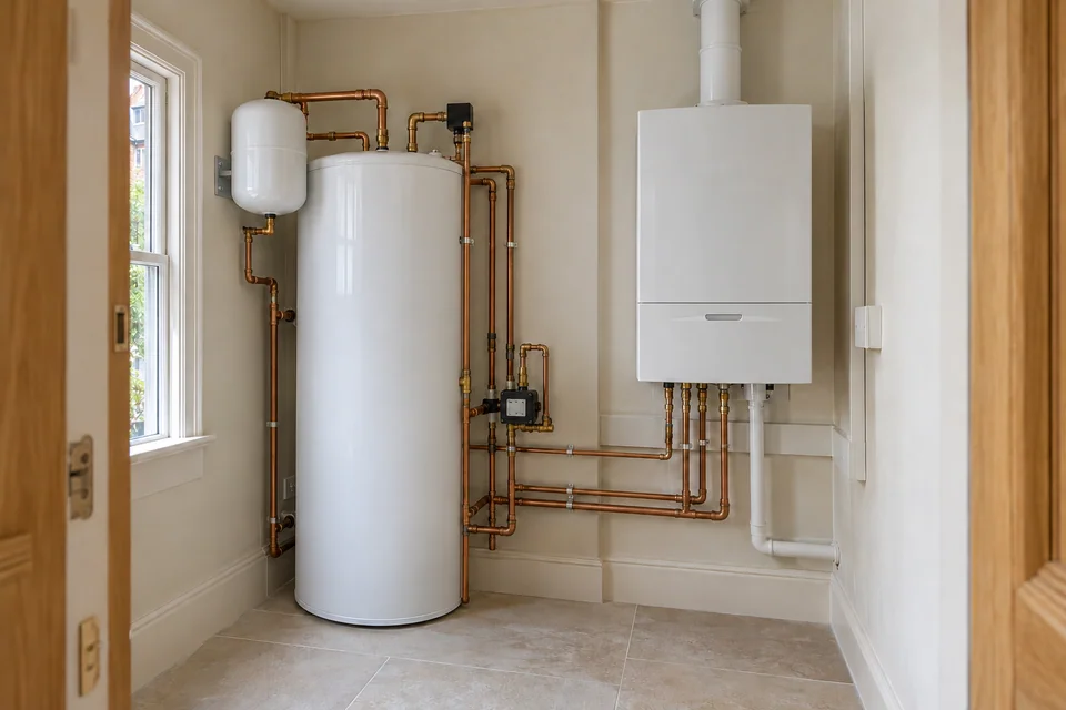 Boiler-fed unvented cylinder and wall-mounted boiler with pipework in a domestic utility room