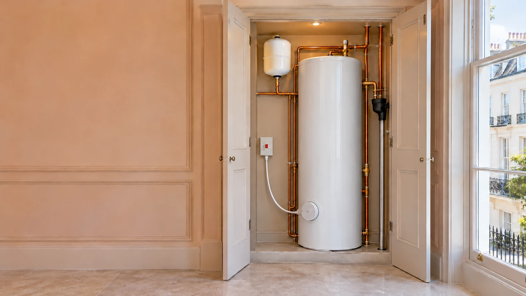 Unvented hot-water cylinder with copper pipework in an open utility cupboard beside a sash window