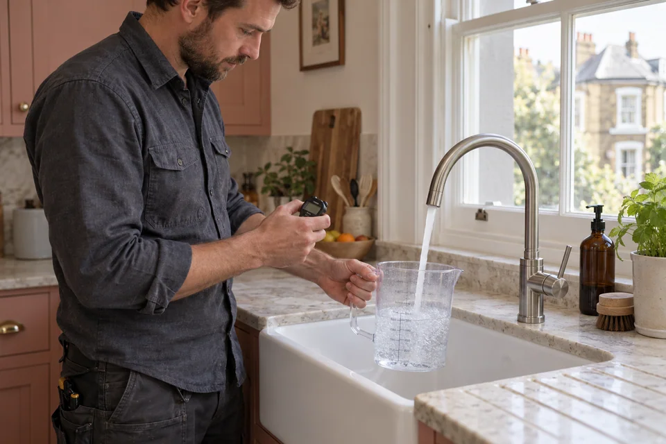 Engineer checking water flow at a kitchen mixer using a measuring jug and stopwatch.