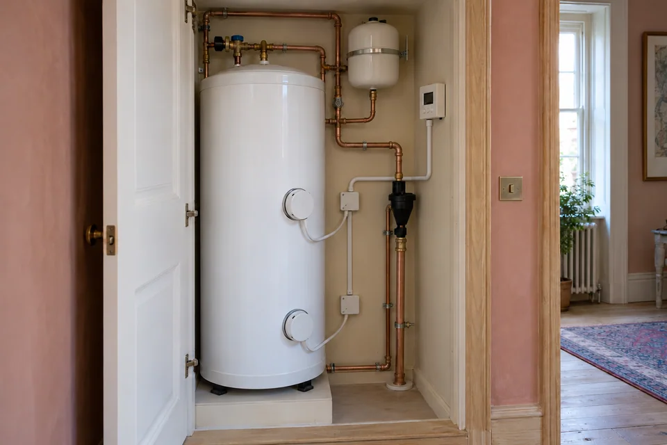 Direct electric hot-water cylinder with two immersion heater covers and wall-mounted controls in a utility cupboard.
