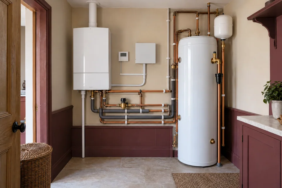 Wall-hung boiler, hot-water cylinder and wall-mounted controls arranged in a residential utility room.