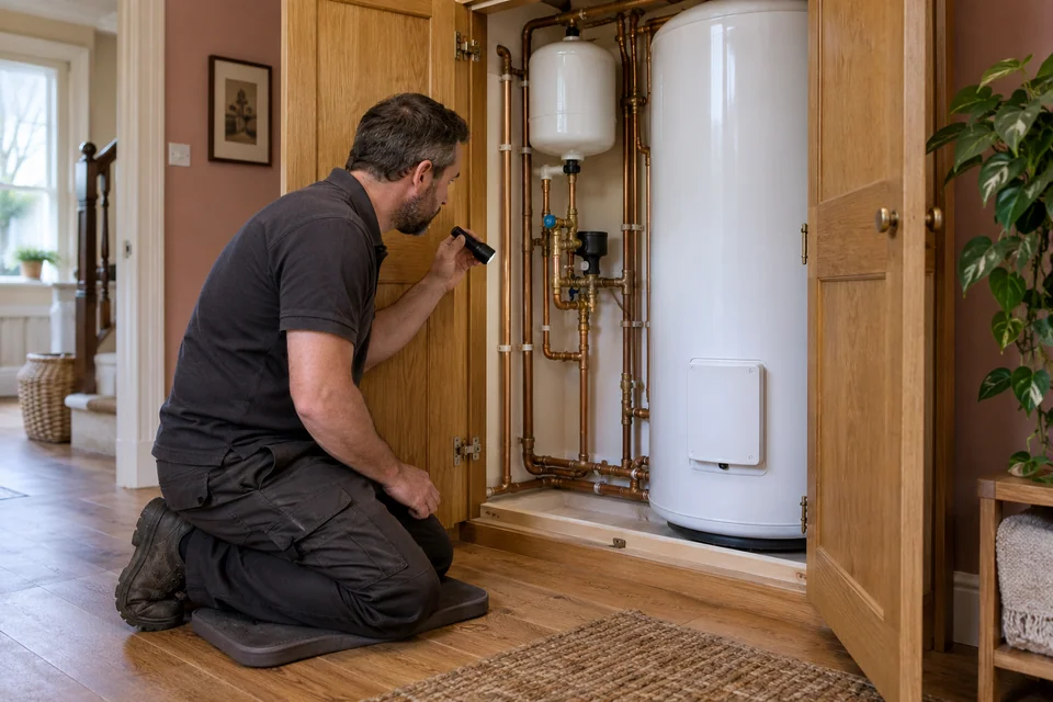 Engineer using a torch to inspect accessible pipework beside a hot-water cylinder in an open cupboard.