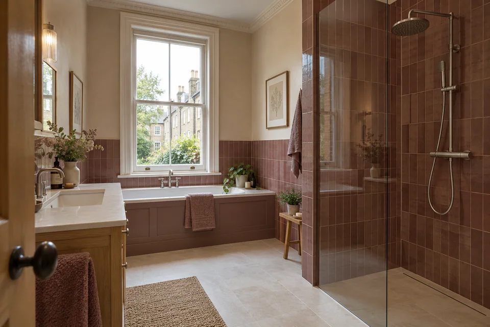 Period-style bathroom with a bath beneath a sash window, an oak vanity and a walk-in shower with rose tiles.