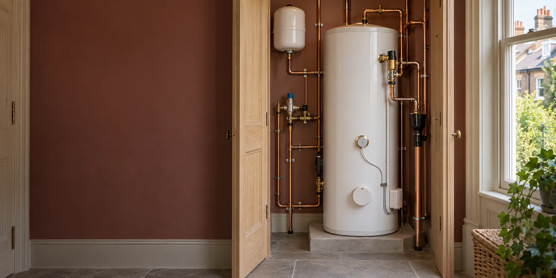 White hot-water cylinder with copper pipework in an oak-framed utility alcove with burgundy walls.