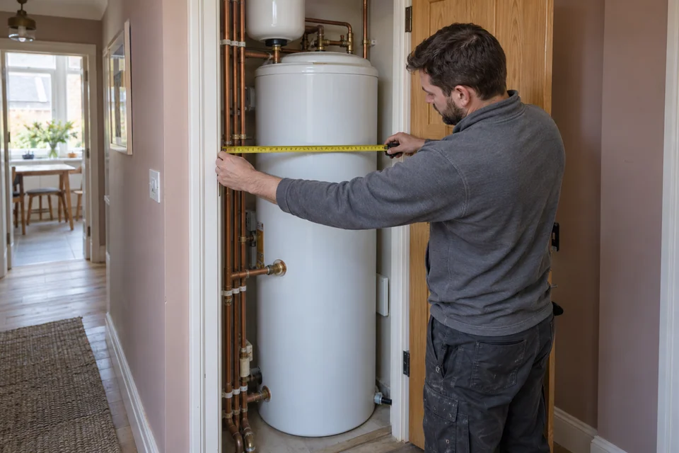 Installer checking clearance around a hot-water cylinder in an open utility cupboard