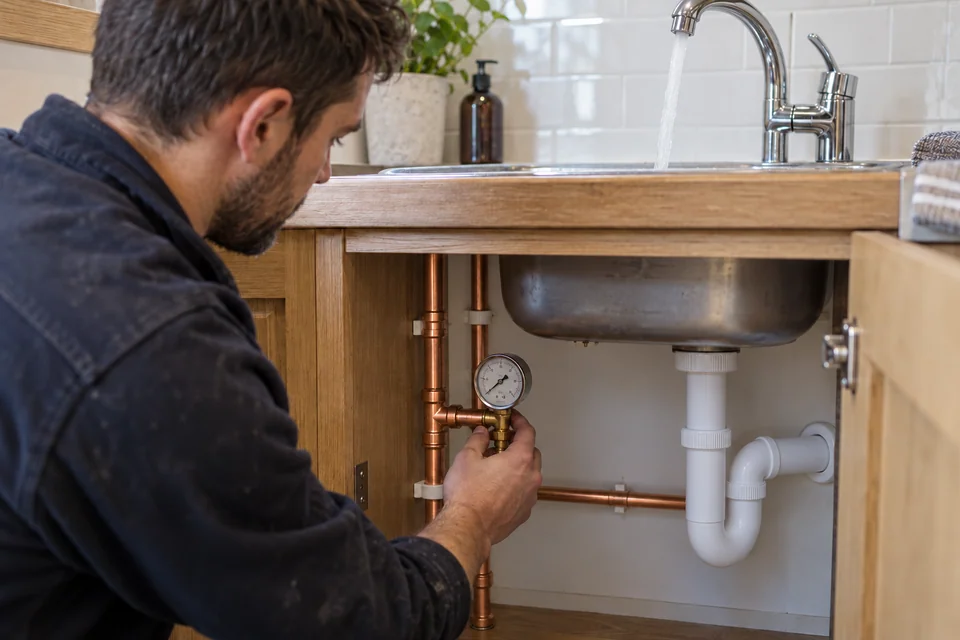 Pressure gauge connected to a cold-water supply test point beside a running utility tap