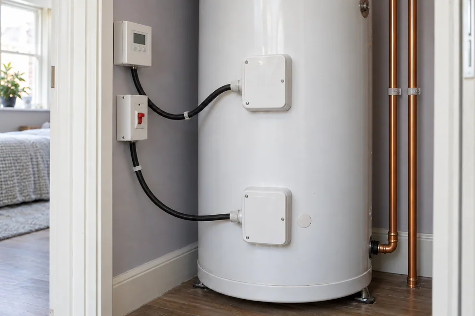 Direct electric hot-water cylinder with enclosed immersion controls and connected cable runs