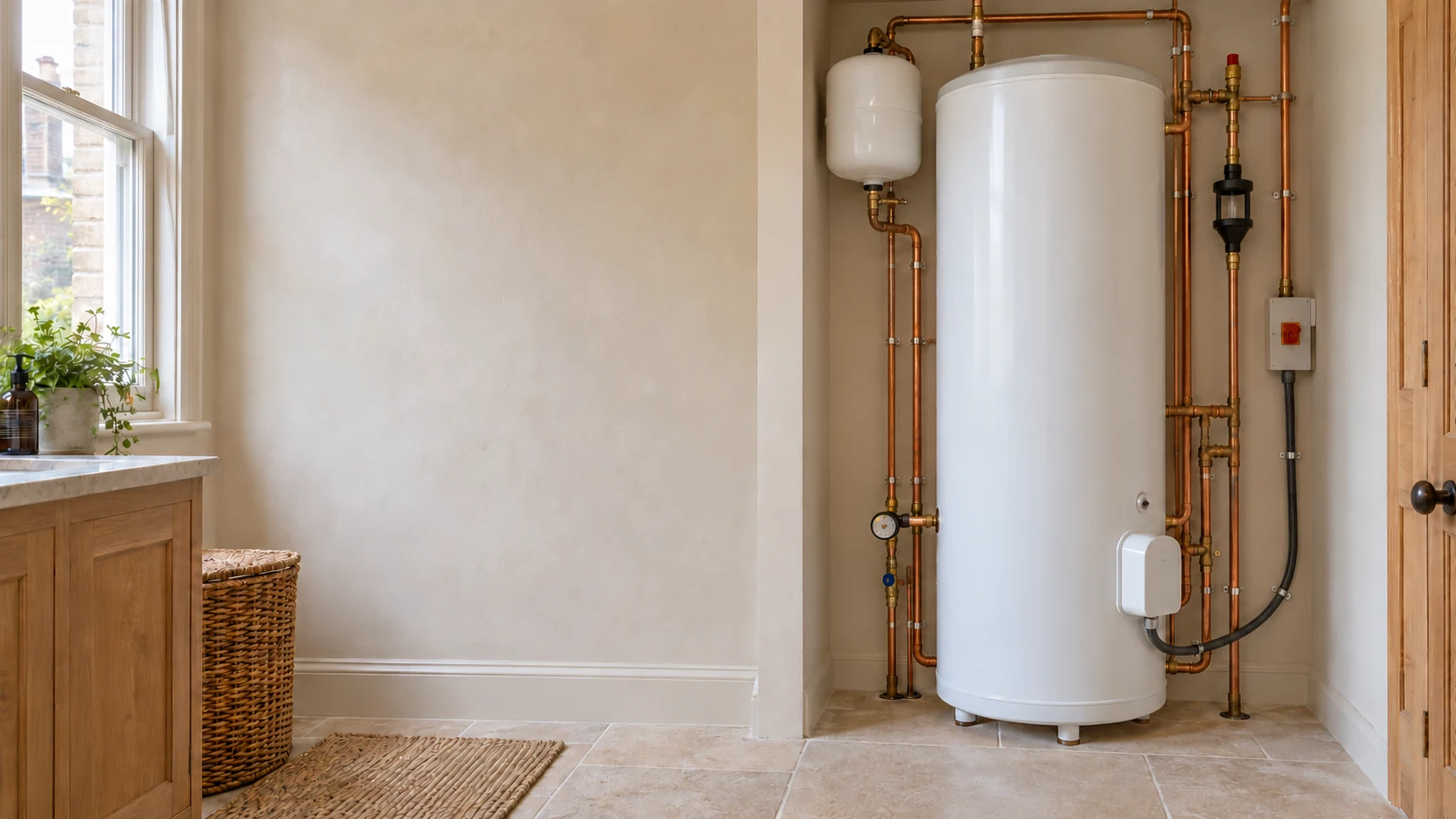 Unvented hot-water cylinder with copper pipework in a renovated utility room.
