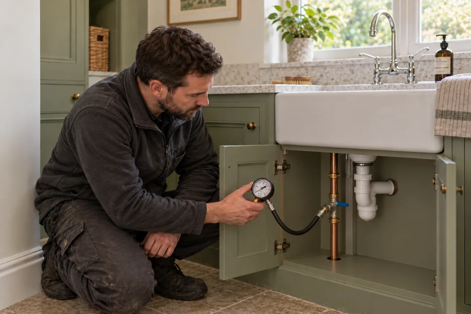 Heating engineer checking a pressure gauge connected to a service point inside an open under-sink cupboard