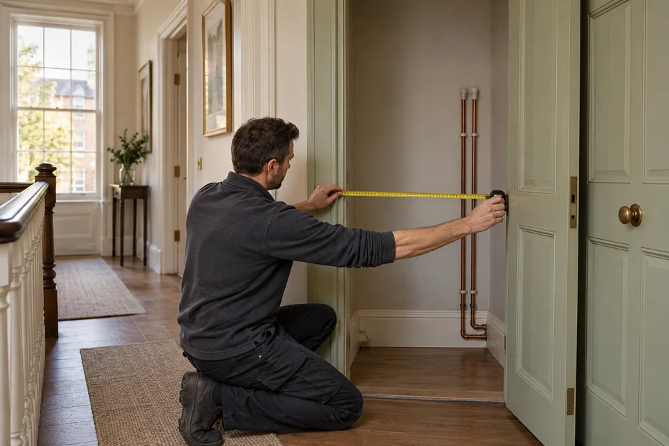 Installer measuring the clear doorway width of a service cupboard in a period home