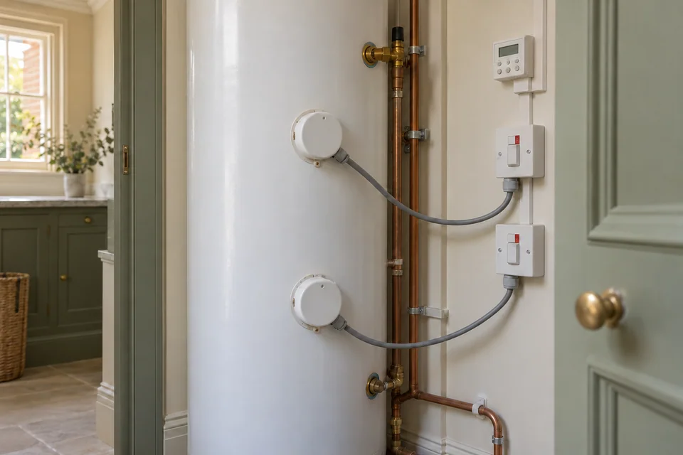 Direct electric hot-water cylinder with two immersion covers and wall-mounted heating controls