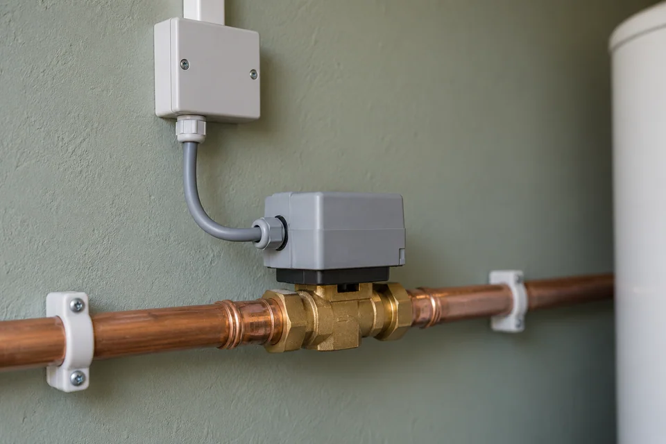Motorised two-port valve in copper pipework with its cable connected to a closed wiring box