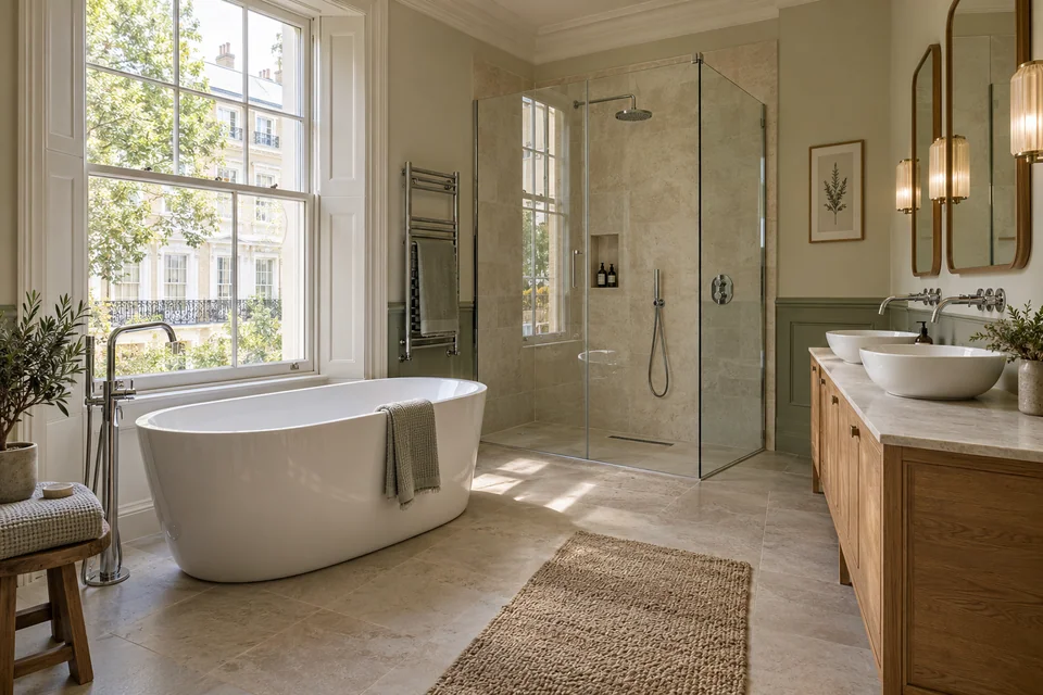 Period-home bathroom with a separate shower, bathtub and double vanity