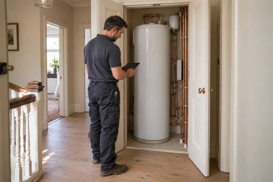 Installer assessing a utility cupboard containing a hot-water cylinder