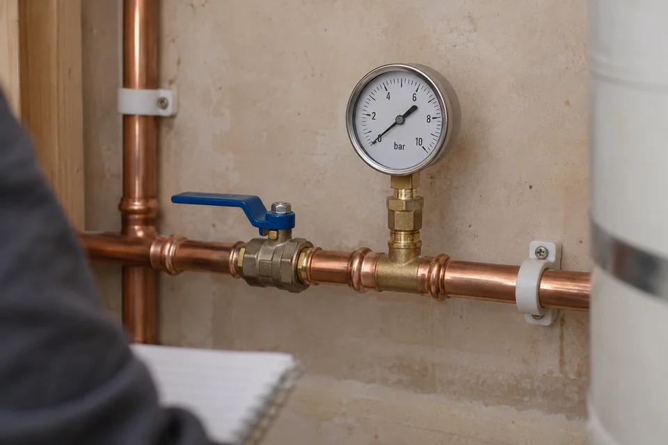 Pressure gauge connected to a test point on copper water-supply pipework