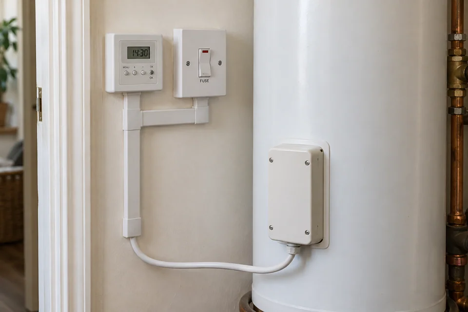 Closed hot-water timer and fused switch beside an electric cylinder with protected cable routing