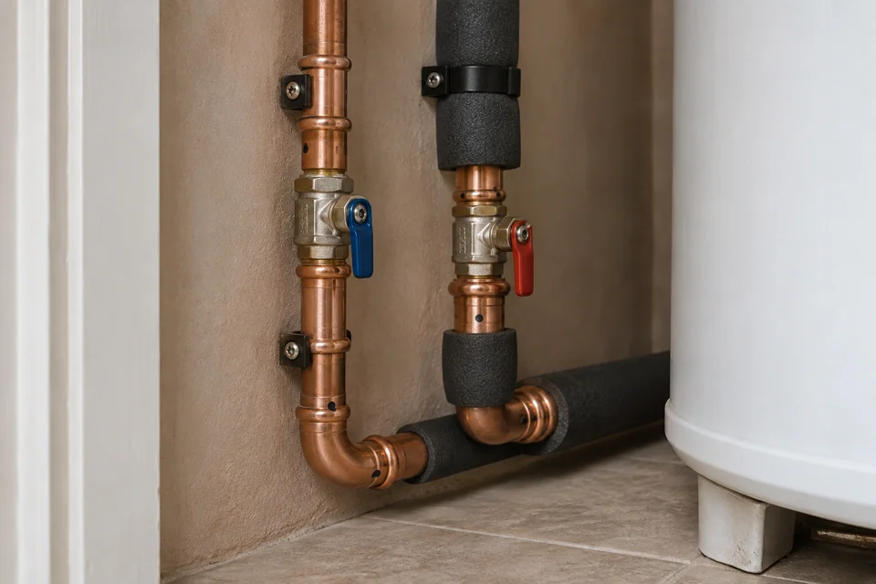 Neatly clipped copper press-fit pipework with insulation and accessible isolation valves