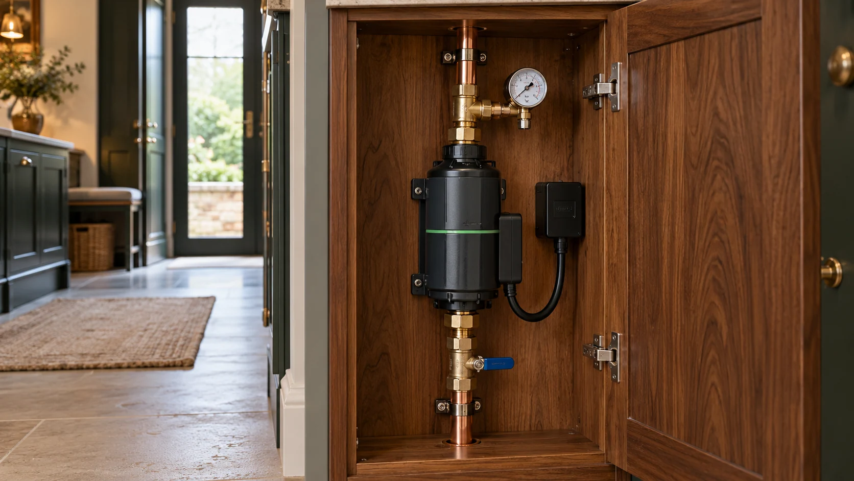 Compact inline water booster connected to copper pipework inside a walnut utility cupboard.