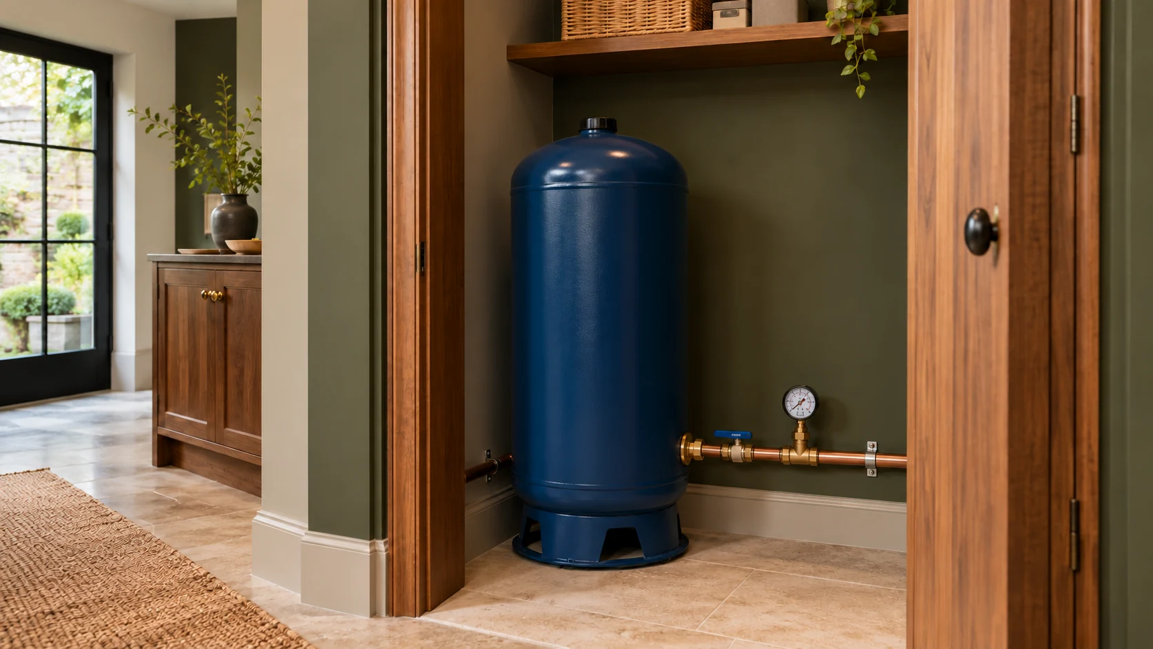 Blue water accumulator vessel with a lower pipe connection inside a domestic utility cupboard.