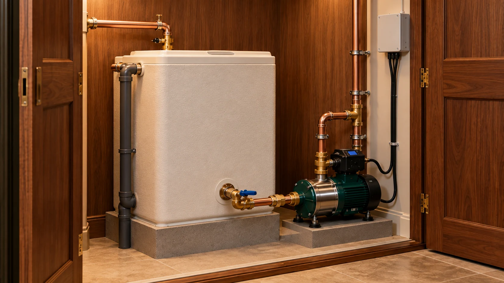 Ivory cold-water storage tank connected to a green and stainless-steel booster pump in a wooden cupboard.