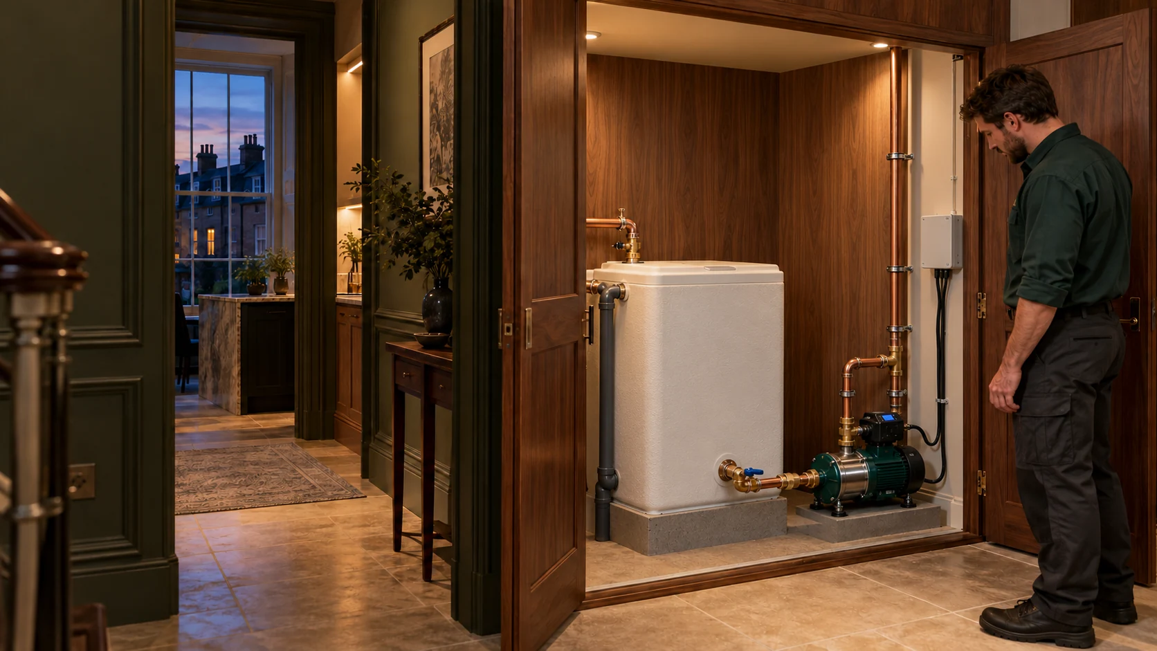 Plumber beside a compact water storage tank and green booster pump in a timber-lined utility cupboard.
