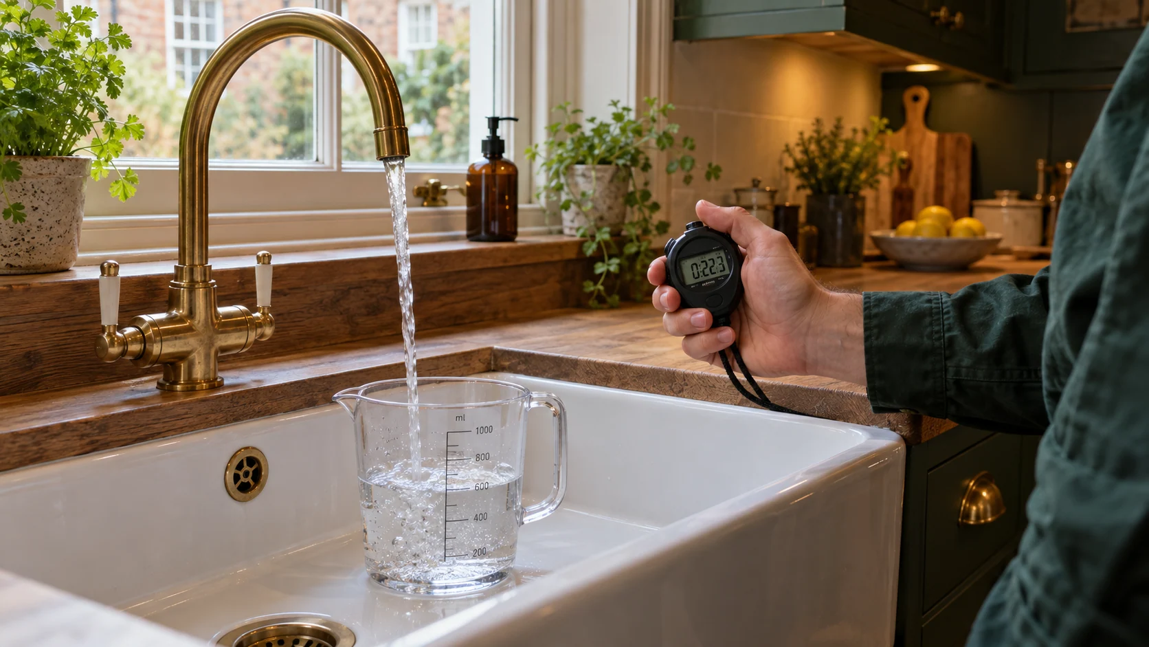 Water flowing from a brass kitchen tap into a measuring jug while a stopwatch is held beside the sink.