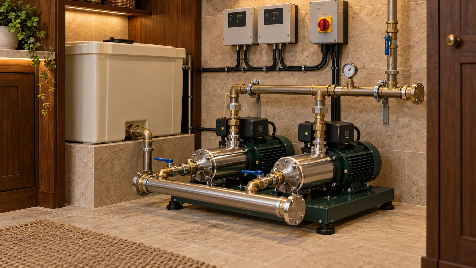 Two green and stainless-steel booster pumps connected to common pipework beside a cold-water storage tank.